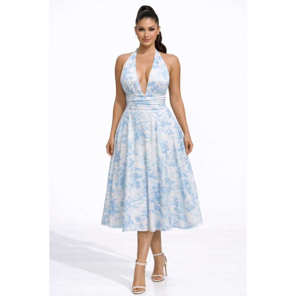 Midi Dress Women S Blue Excellent Halter A-Line Backless